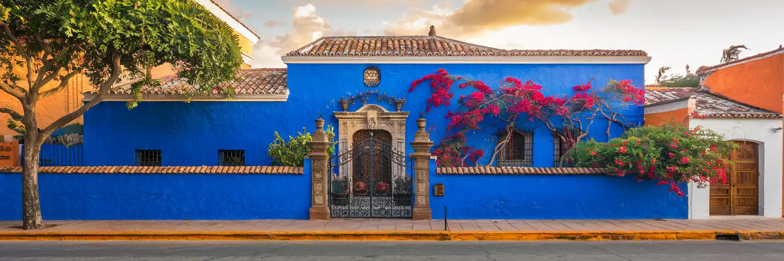 The iconic cobalt-blue exterior walls of La Casa Azul (Frida Kahlo Museum) in Coyoacán, Mexico City at golden hour