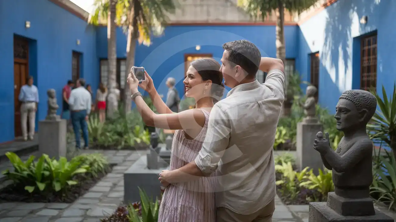Honeymoon couple photographing the interior courtyard garden at La Casa Azul (Frida Kahlo Museum) in Mexico City