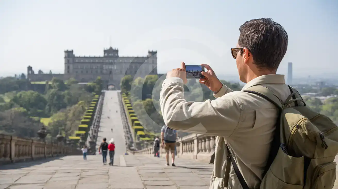Solo male traveler photographing the terrace approach at Castillo de Chapultepec in Mexico City