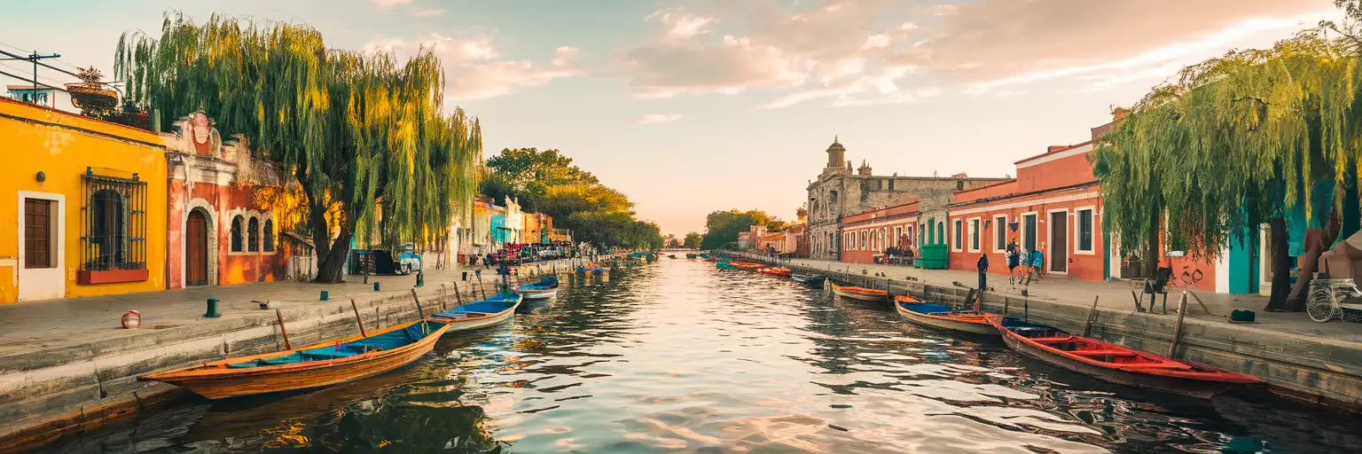 Colorful trajineras along the canals at Xochimilco in Mexico City during golden hour
