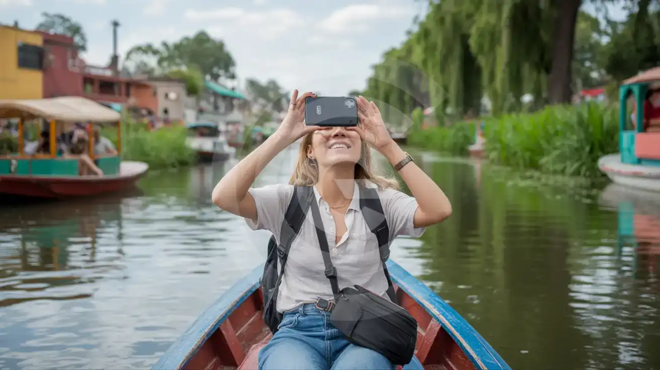Solo female traveler photographing the canals from a trajinera in Xochimilco, Mexico City, Mexico