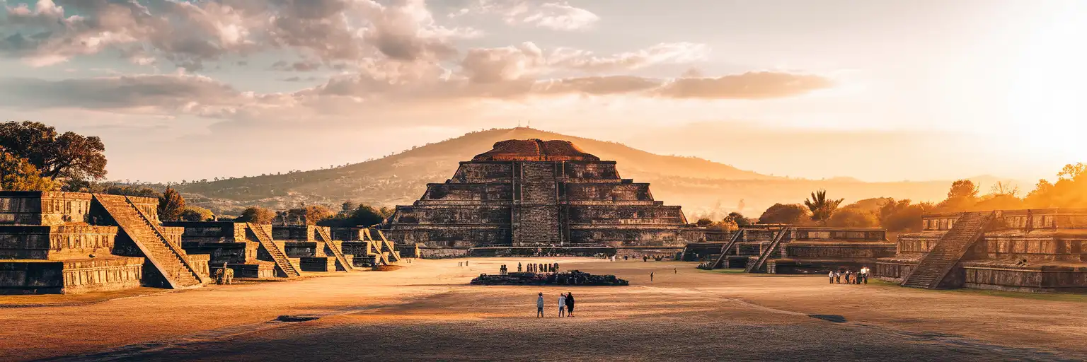Wide exterior view of the Pyramid of the Sun at Teotihuacan near Mexico City in warm golden-hour light