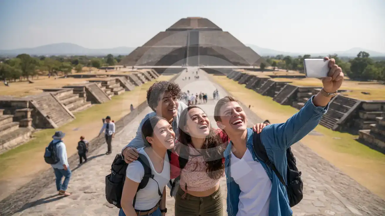 Three friends taking a selfie on the Avenue of the Dead with the Pyramid of the Sun at Teotihuacan in the background