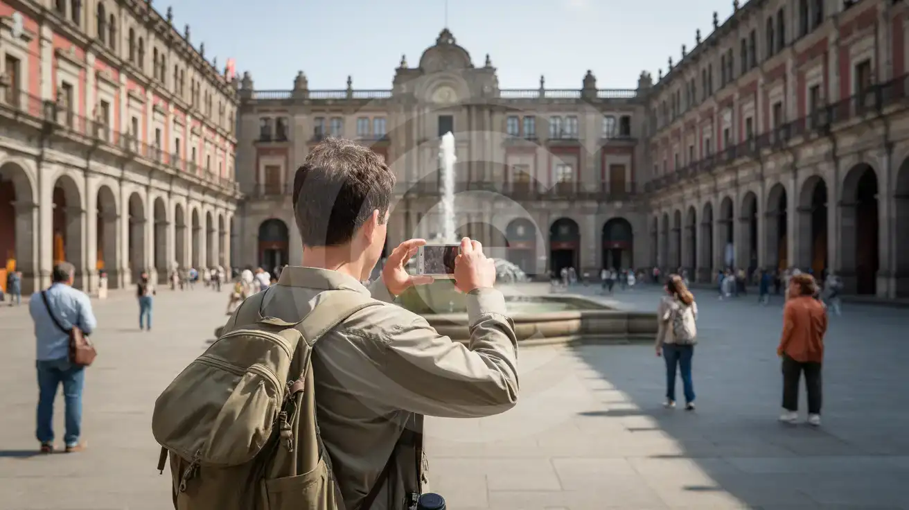Solo male traveler photographing the courtyard arcade inside Palacio Nacional in Mexico City