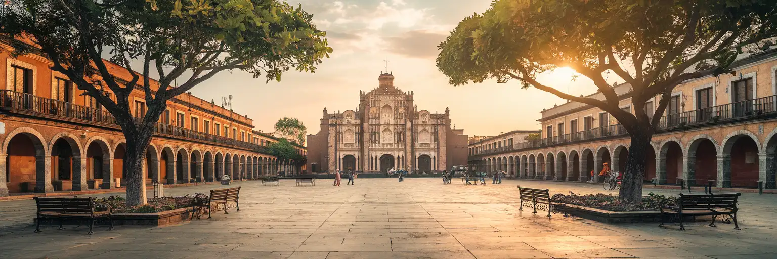 Vedere exterioară la ora de aur a Plaza de la Constitución de Tlalpan în Centro Istoric Tlalpan, Mexico City