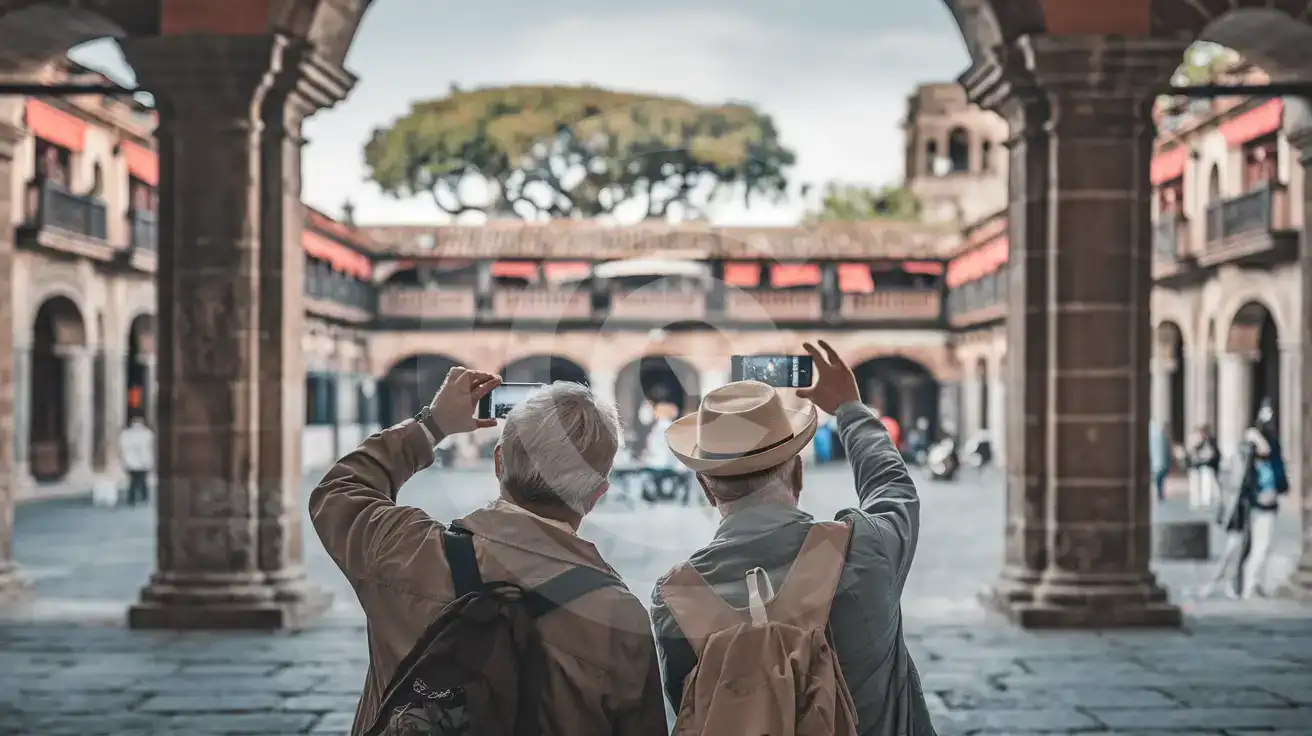 Un cuplu de seniori fotografiază arcadele și piața din Centro Histórico de Tlalpan, Mexico City