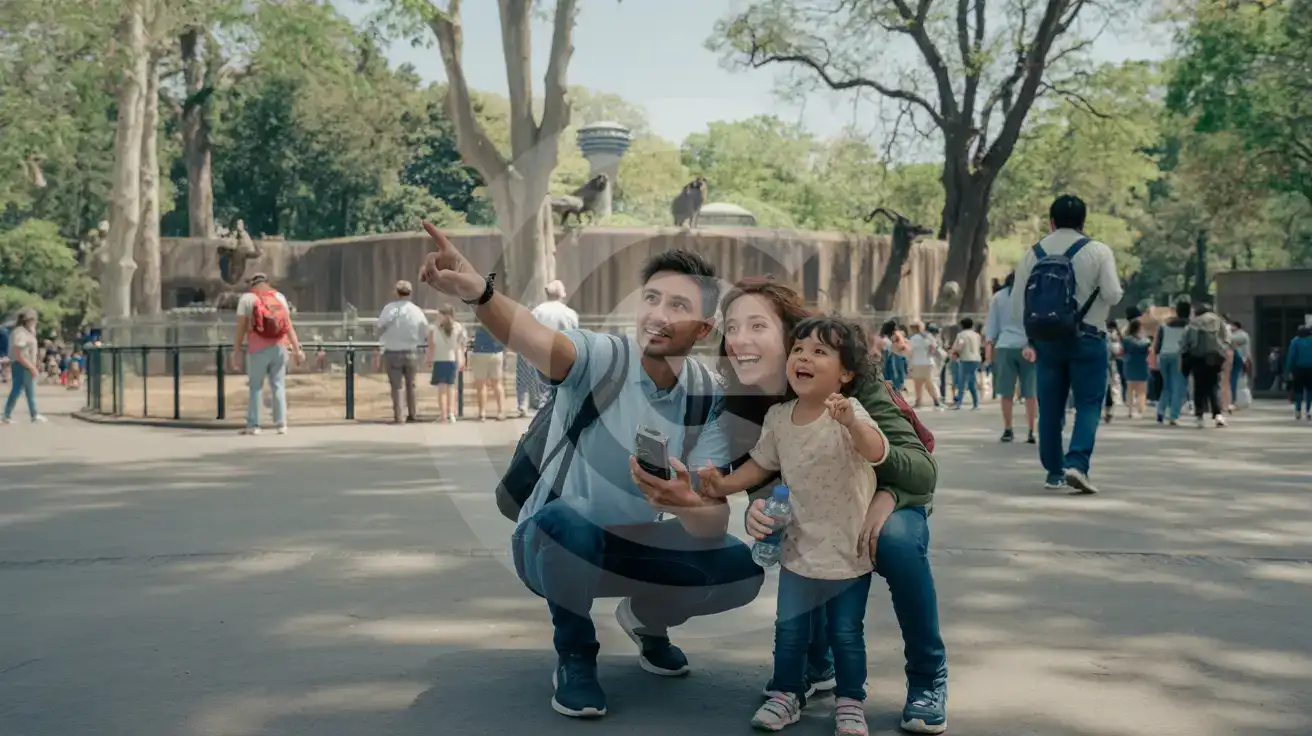 Parent and child using a phone while walking inside Chapultepec Zoo in Mexico City