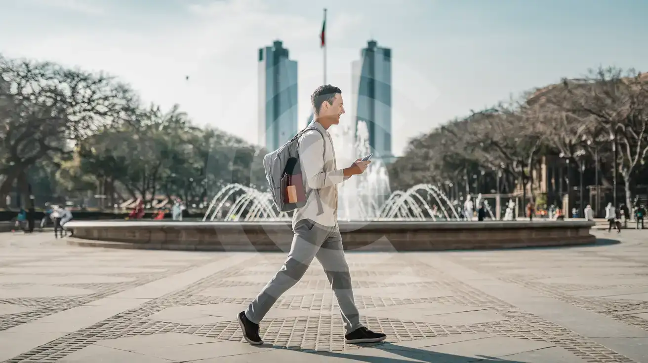 Solo male traveler walking near the Diana the Huntress Fountain on Paseo de la Reforma in Mexico City