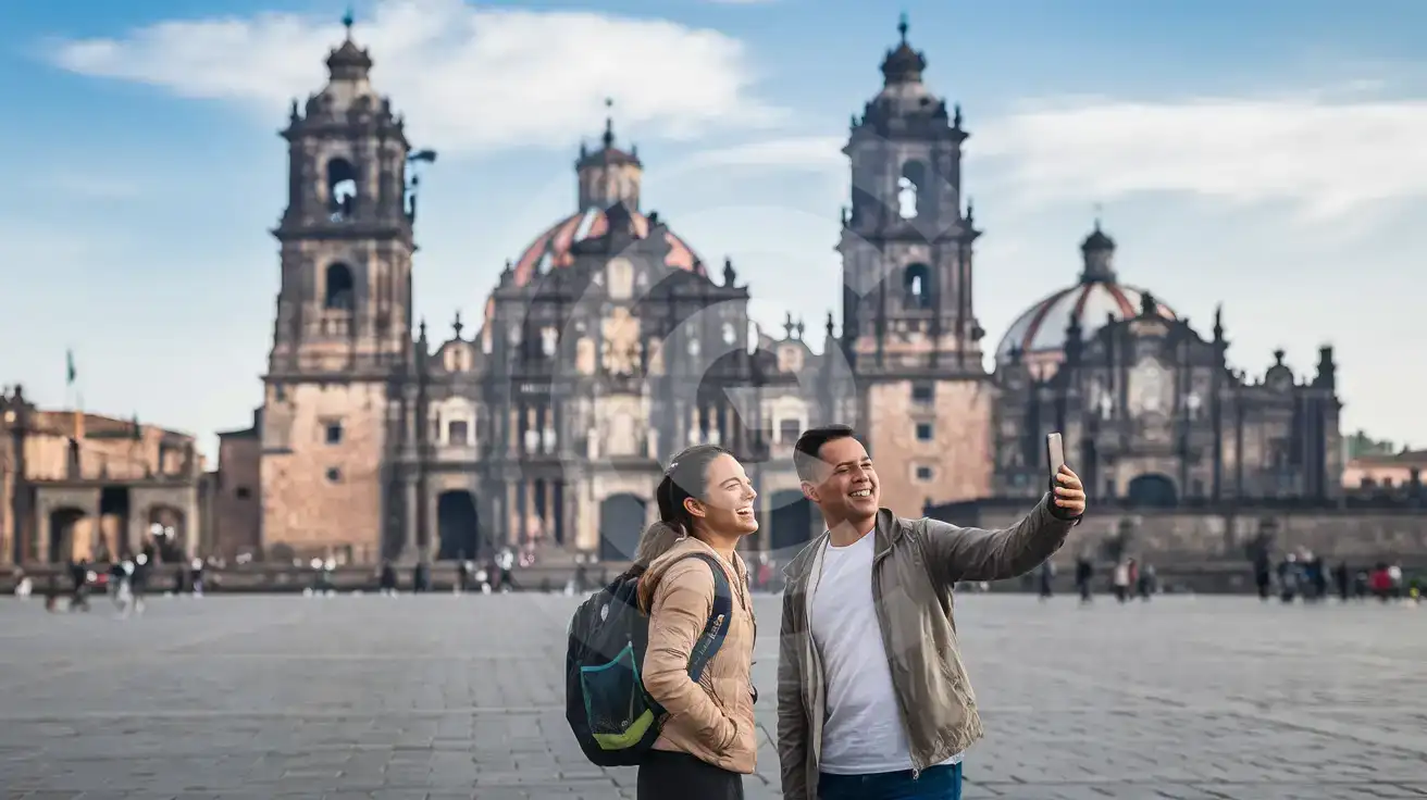 A couple using a phone in the Zócalo with the Metropolitan Cathedral of Mexico City behind them
