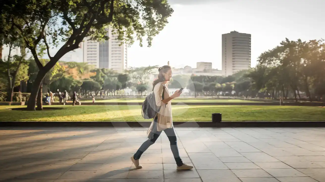 Călătoare singură plimbându-se prin Parque Lincoln în Polanco, Mexico City, Mexic, cu smartphone-ul în mână