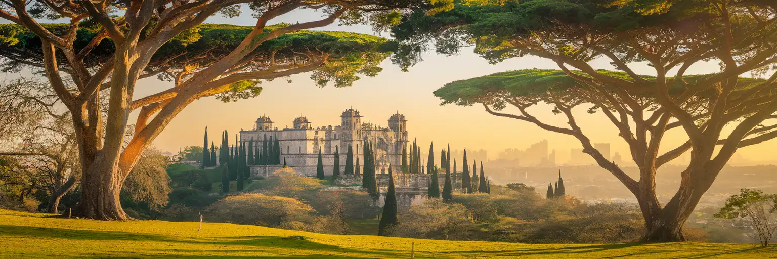 Castillo de Chapultepec rising above the ancient ahuehuete cypress trees of Bosque de Chapultepec at golden hour
