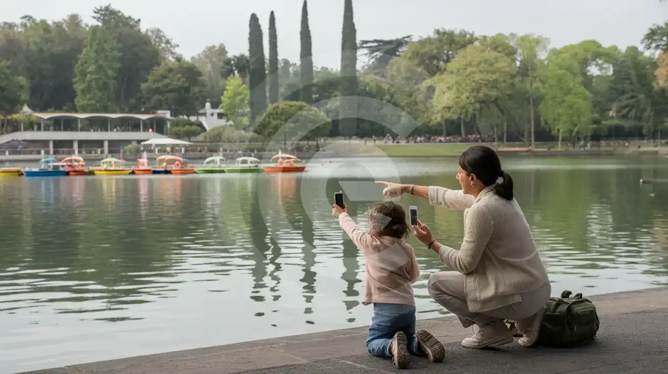 Family pointing at colorful pedal boats on Lago Mayor in Bosque de Chapultepec with ahuehuete cypress trees reflected in the water