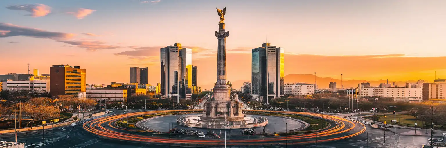 Wide sunset view of Ángel de la Independencia on Paseo de la Reforma in Mexico City
