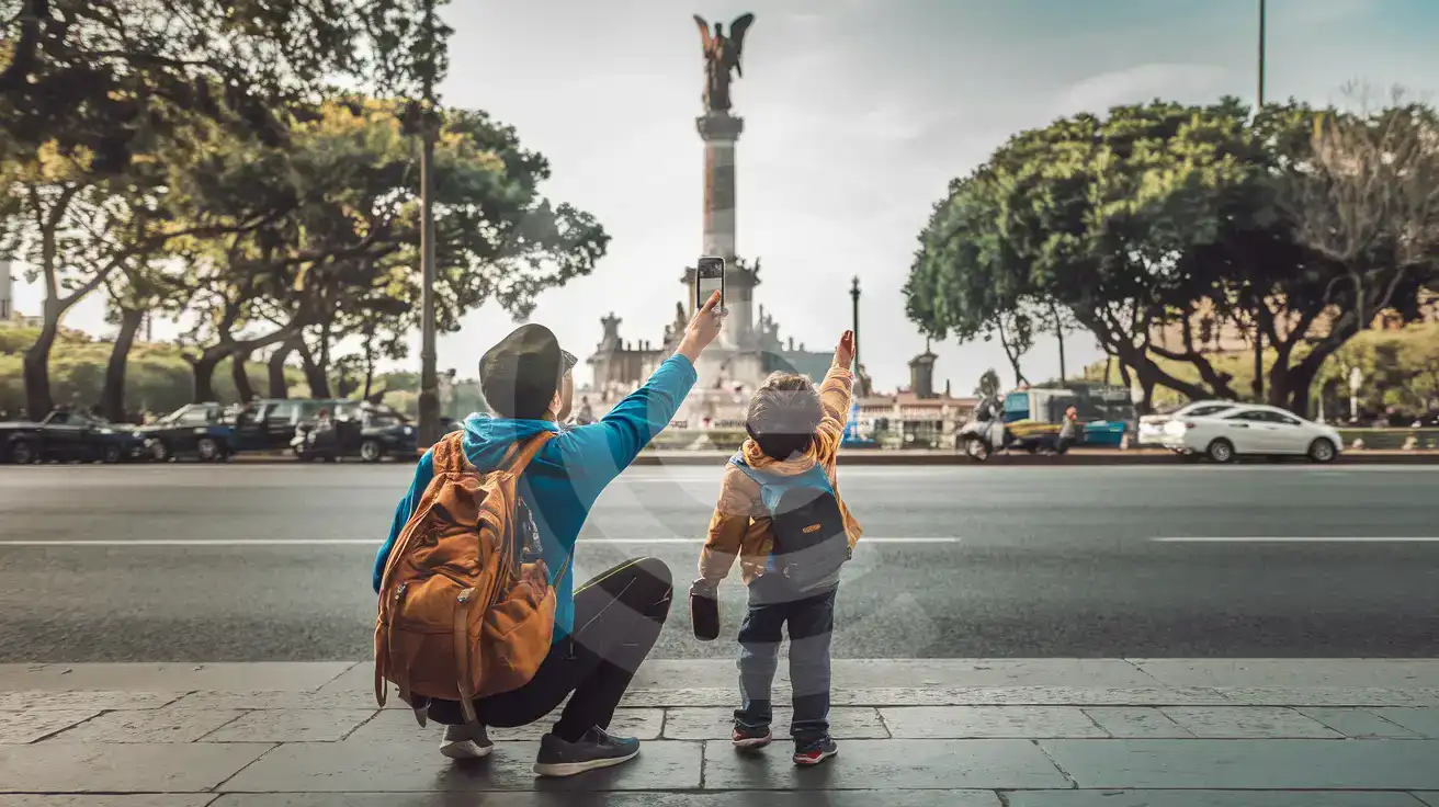 Parent and child taking a photo near Ángel de la Independencia on Paseo de la Reforma in Mexico City