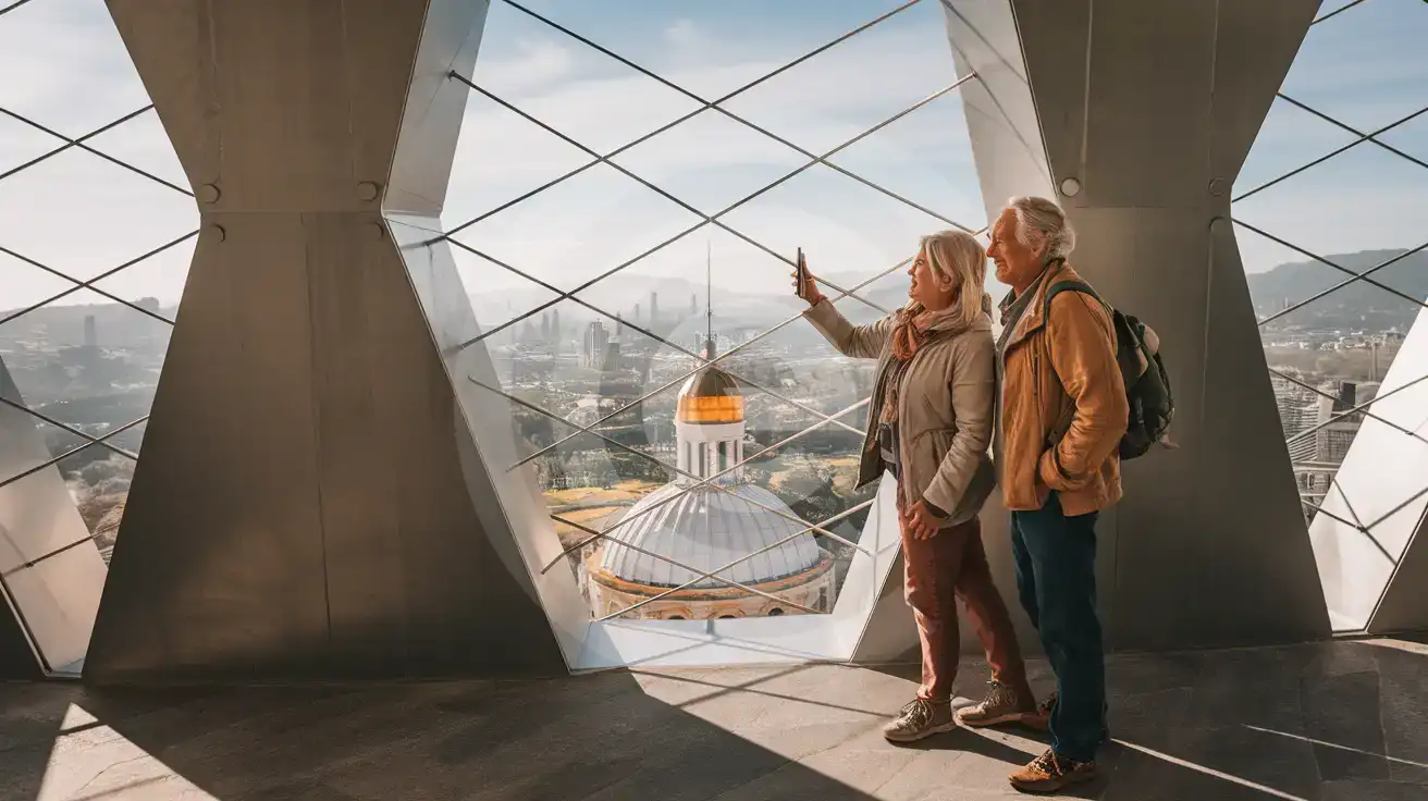 Cuplu senior fotografiind orizontul orașului Ciudad de Mexico din interiorul Torre Latinoamericana