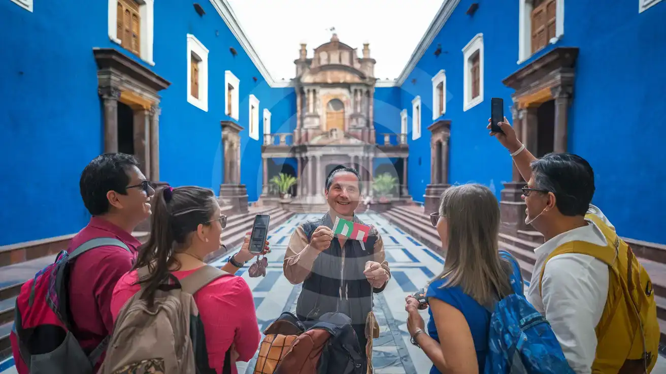 Guided tour group outside the blue walls of the Frida Kahlo Museum in Coyoacán, Mexico City, Mexico