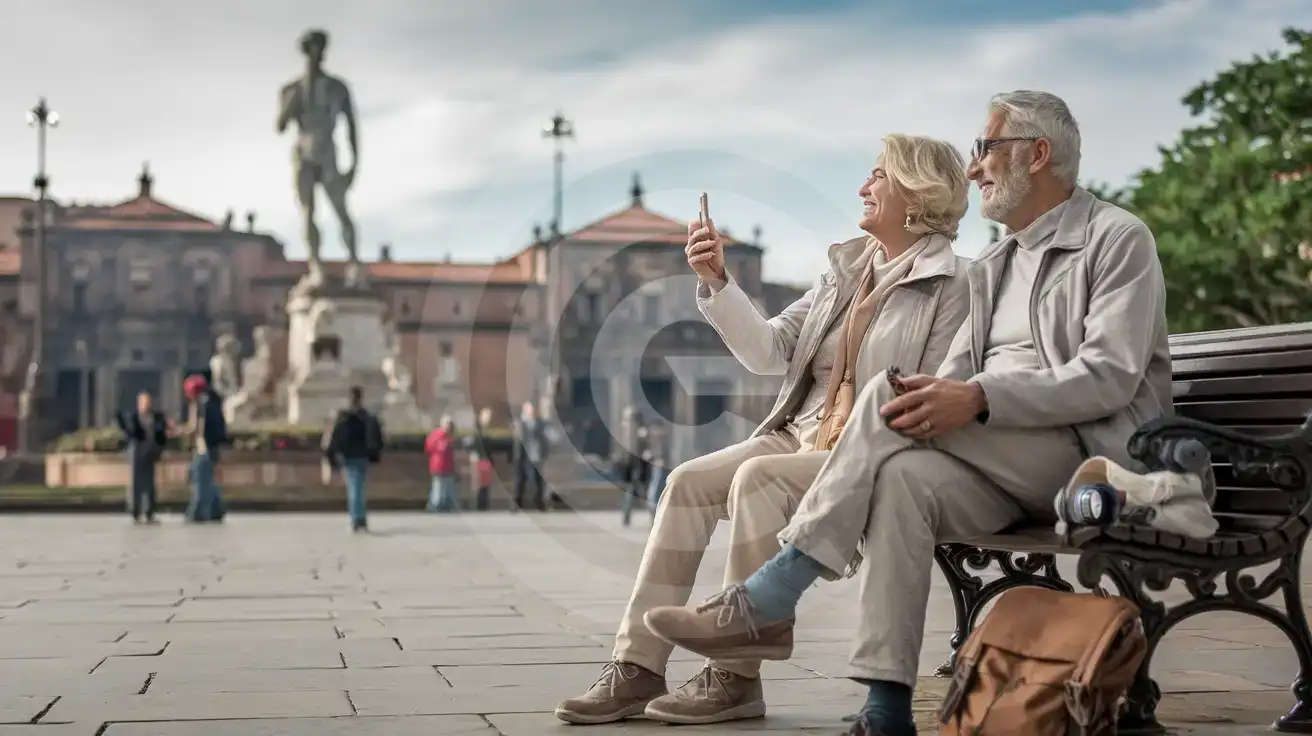 Senior couple relaxing with a phone in Plaza Río de Janeiro in Colonia Roma, Mexico City, Mexico