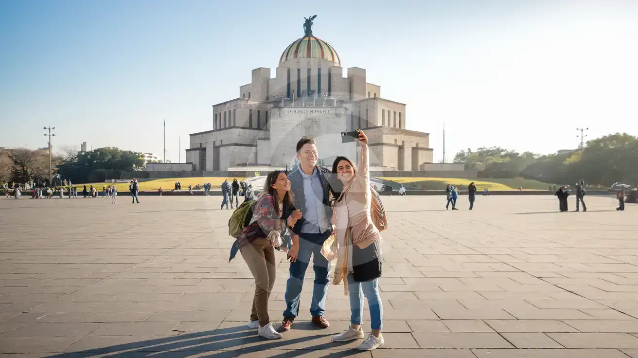 Przyjaciele robiący selfie na Plaza de la República z Monumento a la Revolución w tle w Meksyku
