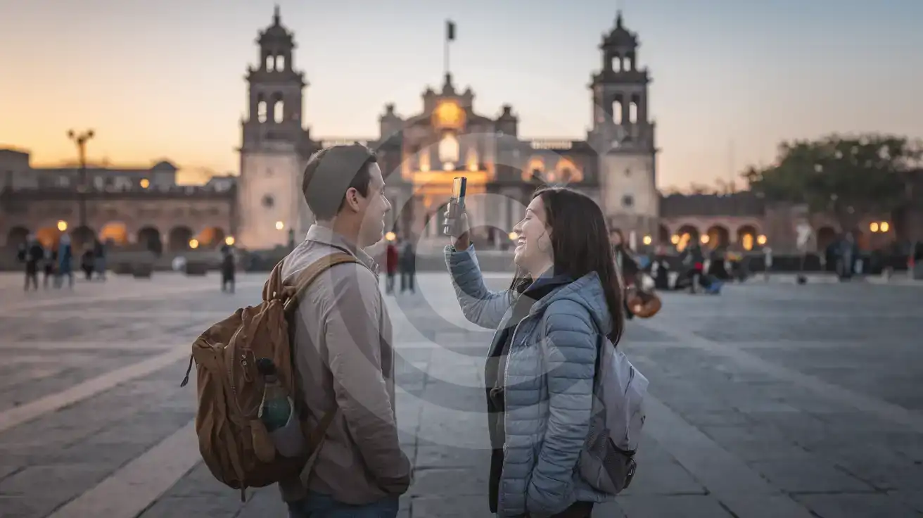 Una pareja usando un teléfono juntos en la Plaza Garibaldi en Ciudad de México durante una visita nocturna