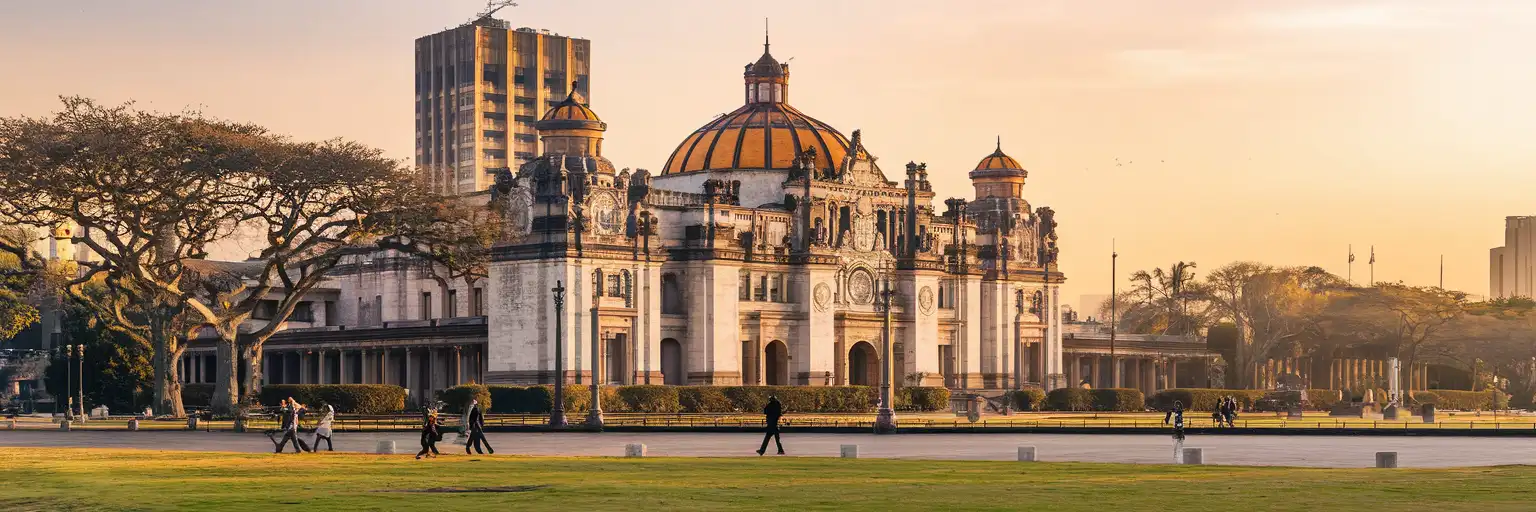 Palacio de Bellas Artes with its white marble facade and orange dome at golden hour in Mexico City