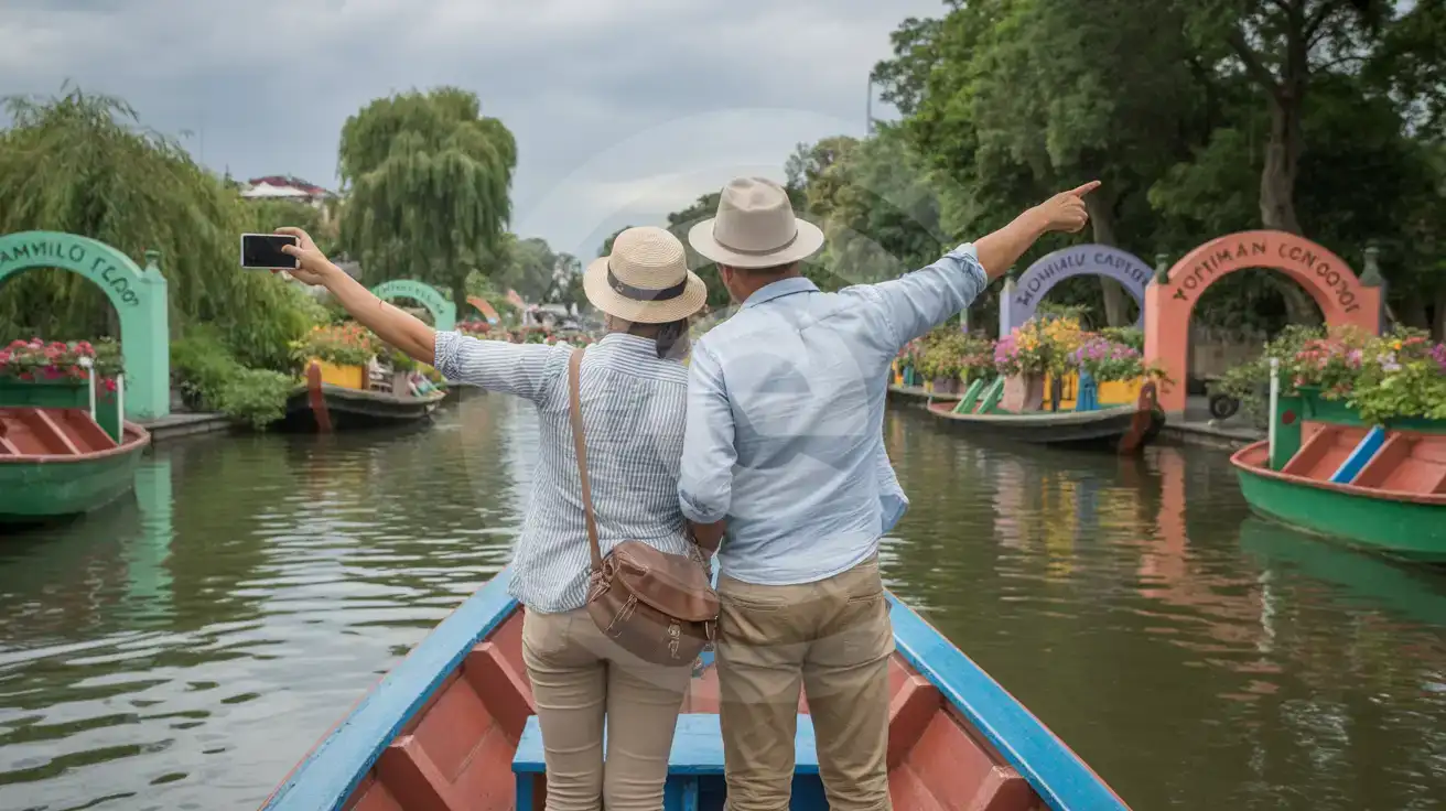 A couple photographing colorful trajinera boats on the Xochimilco canals in Mexico City