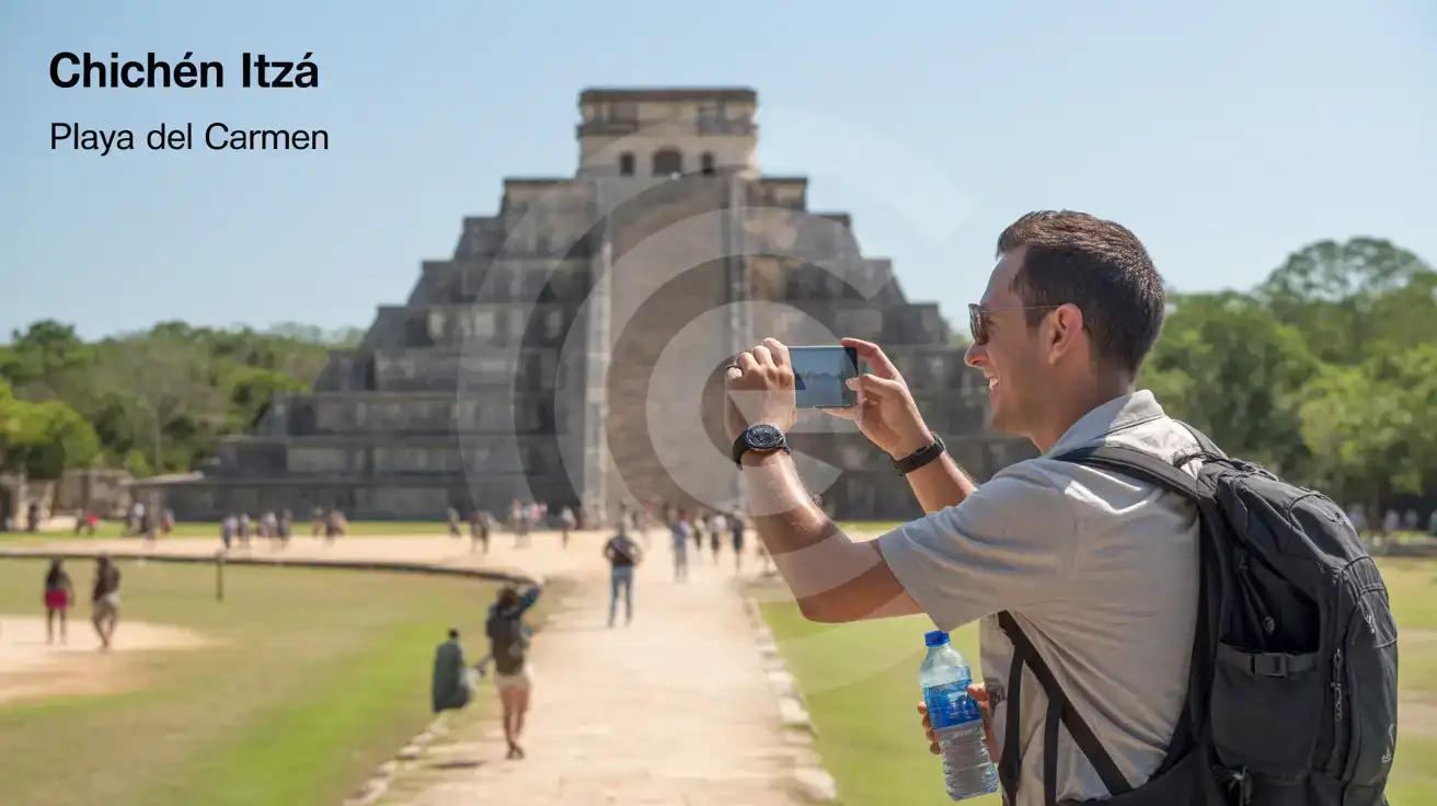 Meksika'da Chichén Itzá'daki Büyük Top Sahası'nı fotoğraflayan yalnız erkek gezgin