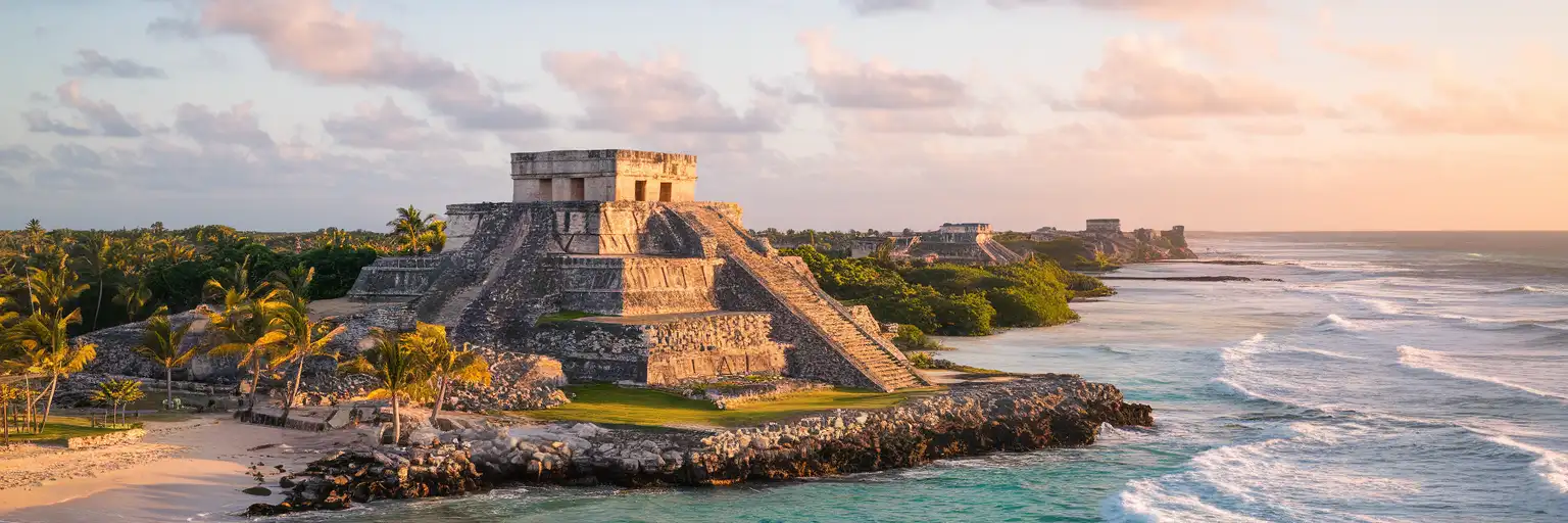 El Castillo at Tulum Archaeological Zone above the Caribbean coast at golden hour