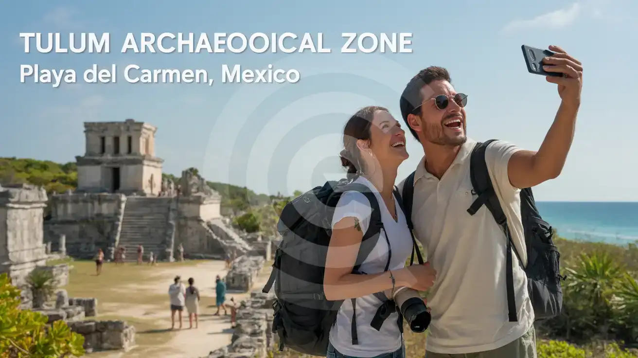 A couple using a smartphone near the Temple of the Frescoes at Tulum Archaeological Zone