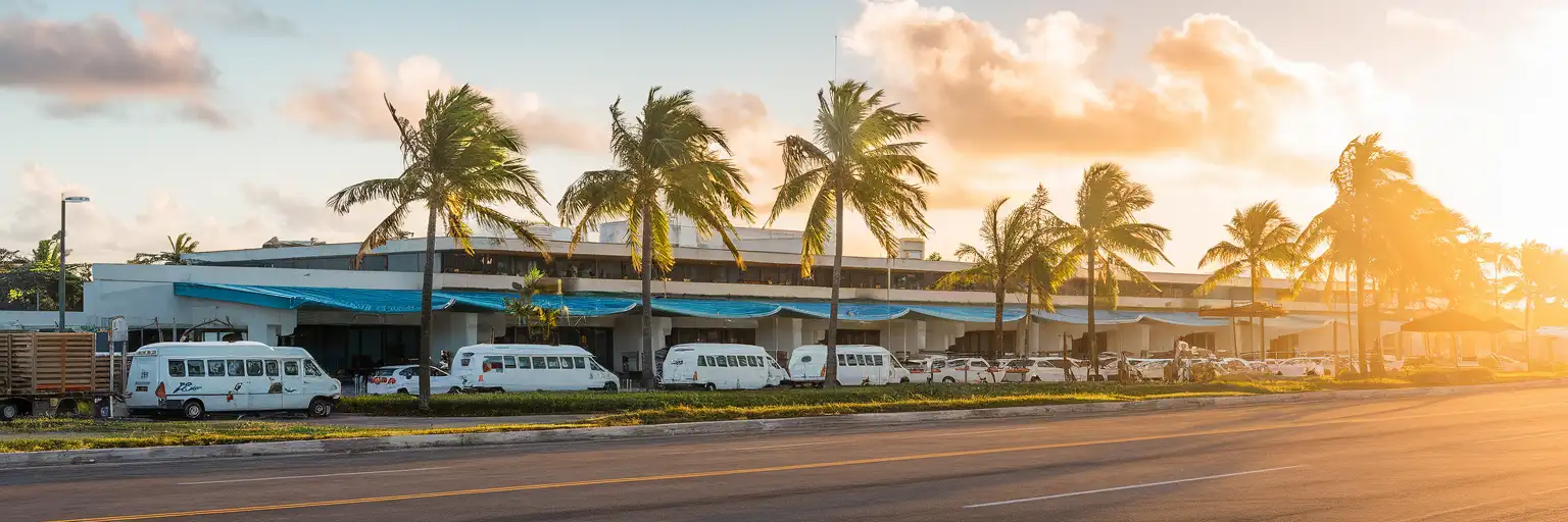 Exterior view of Cozumel International Airport at sunset with tropical palms and the terminal frontage