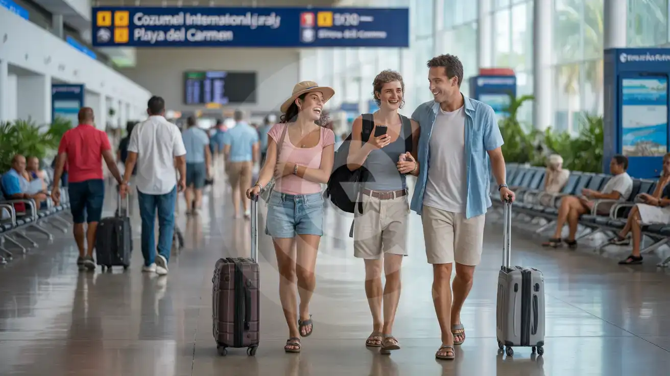 Mixed couple walking through the arrivals hall at Cozumel International Airport with luggage and a phone after landing
