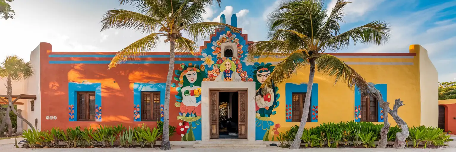 Colorful exterior of Museo Frida Kahlo in Playa del Carmen with vibrant murals and tropical vegetation at golden hour