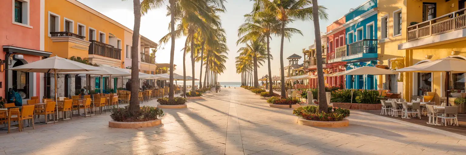 Quinta Avenida pedestrian boulevard in Playa del Carmen at golden hour with palm trees and Caribbean glimpse