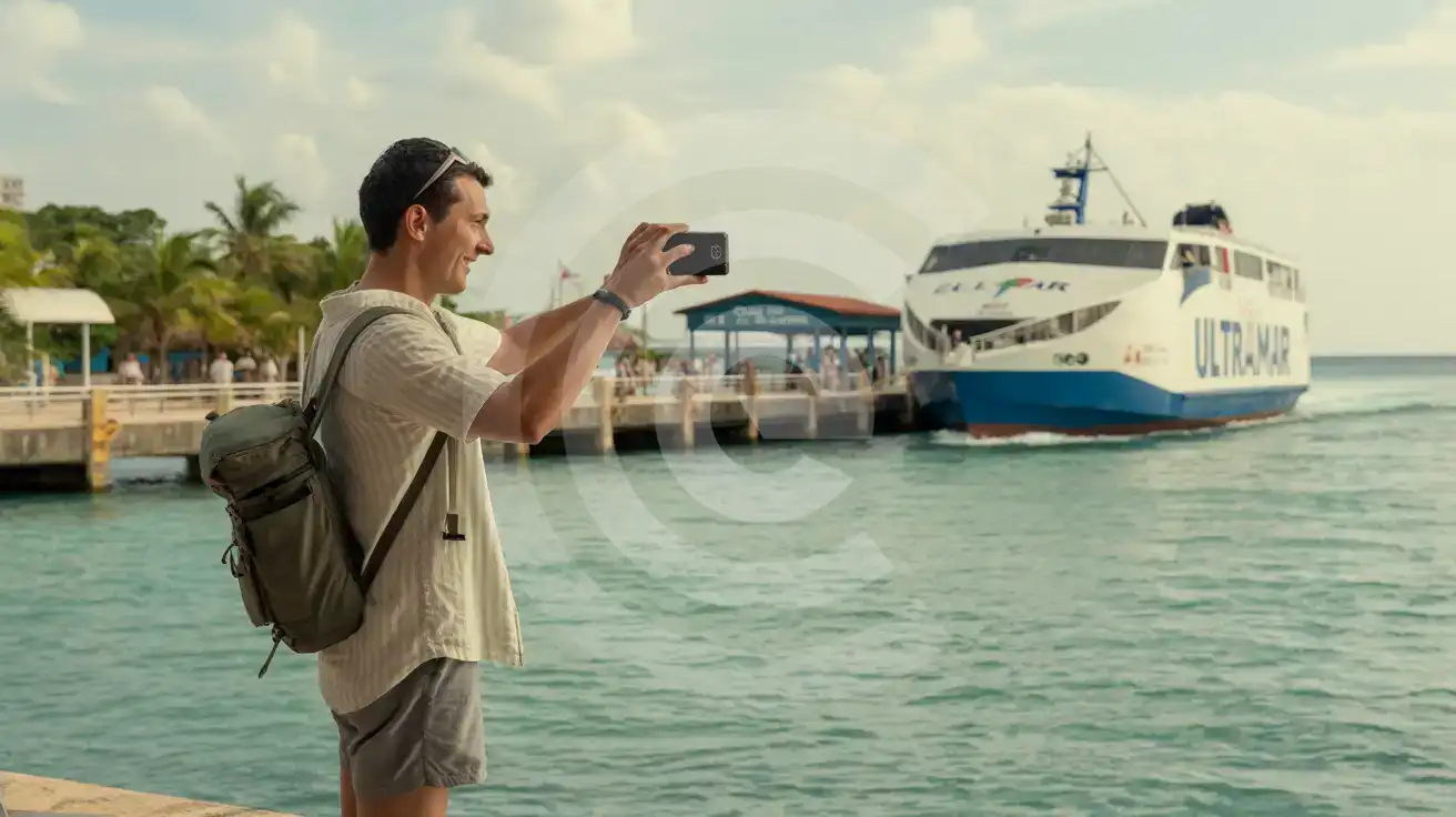 Solo male traveler photographing the Ultramar ferry at Playa del Carmen pier with Caribbean waters and approaching boat