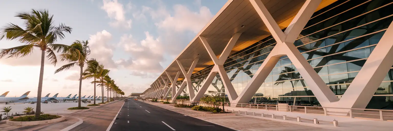 Zewnętrzna część Terminalu 4 na lotnisku w Cancun z nowoczesnymi belkami architektonicznymi i palmami o złotej godzinie