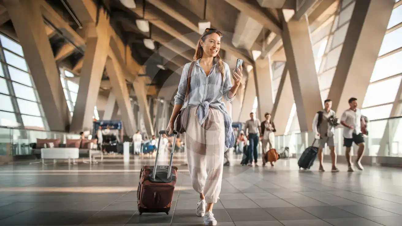Podróżująca samotnie kobieta przechodzi przez halę przylotów Terminalu 4 na Międzynarodowym Lotnisku w Cancún z walizką na kółkach i smartfonem
