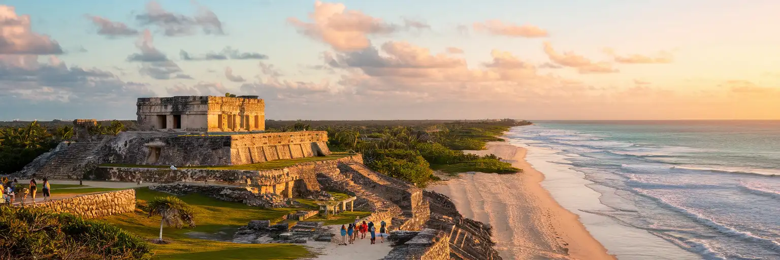 Vedere exterioară largă a El Castillo din Zona Arheologică Tulum deasupra coastei Caraibelor în Tulum, Mexic