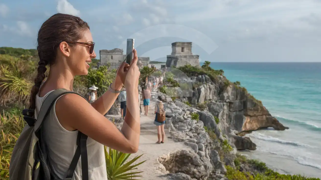 Călătoare singură fotografiind punctul de belvedere Templul Vântului la Zona Arheologică Tulum din Tulum, Mexic