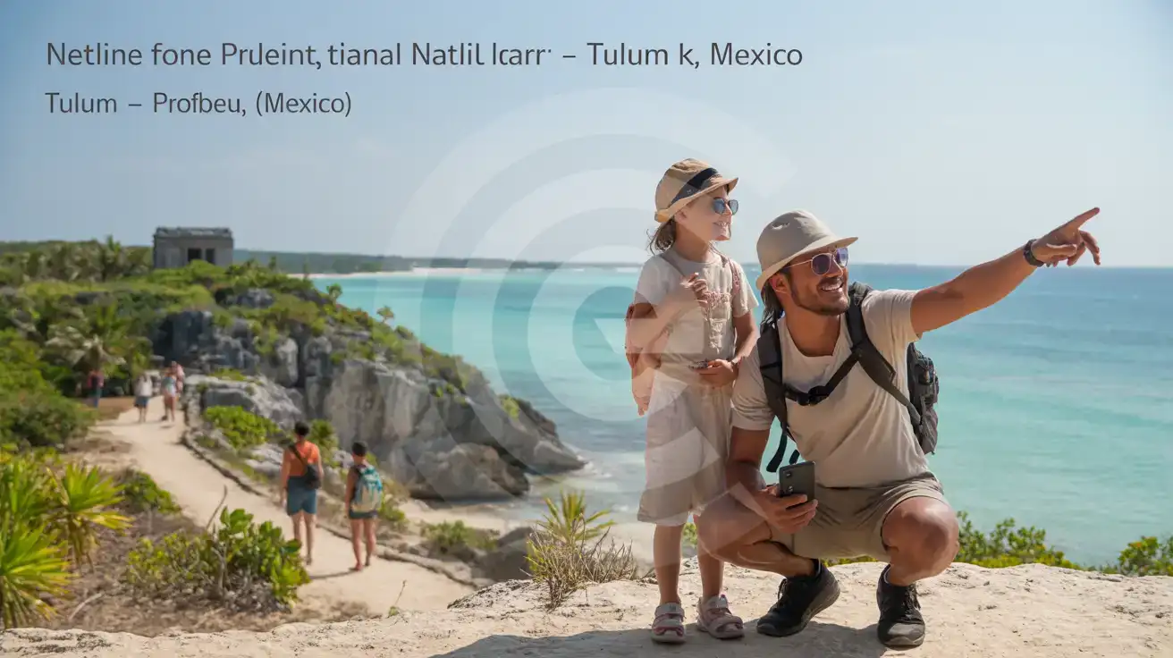 Family on a coastal path inside Tulum National Park in Tulum, Mexico with the Caribbean shoreline behind them