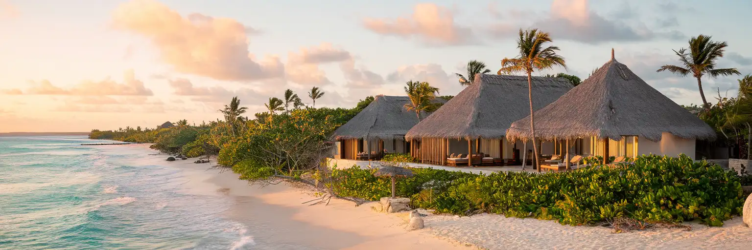 Central Park Resort & Spa beachfront at golden hour with Caribbean Sea and tropical palm trees in Tulum, Mexico