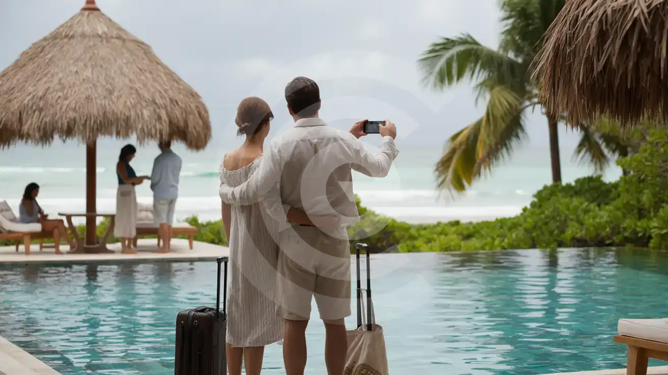 Honeymoon couple at Central Park Resort & Spa infinity pool capturing Caribbean Sea view on smartphone in Tulum, Mexico
