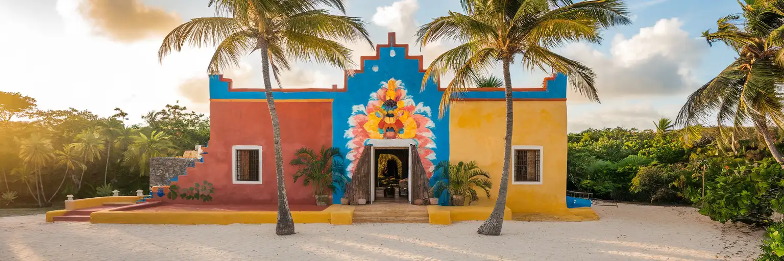 Exterior view of Museo Frida Kahlo Riviera Maya with colorful murals and tropical jungle surroundings at golden hour