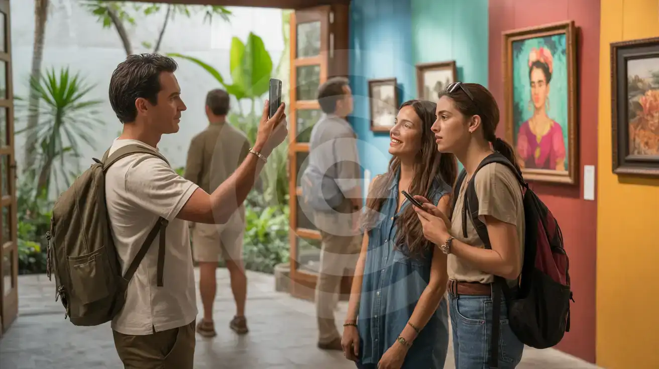 Visitors photographing artwork inside Museo Frida Kahlo Riviera Maya gallery with colorful walls and natural light