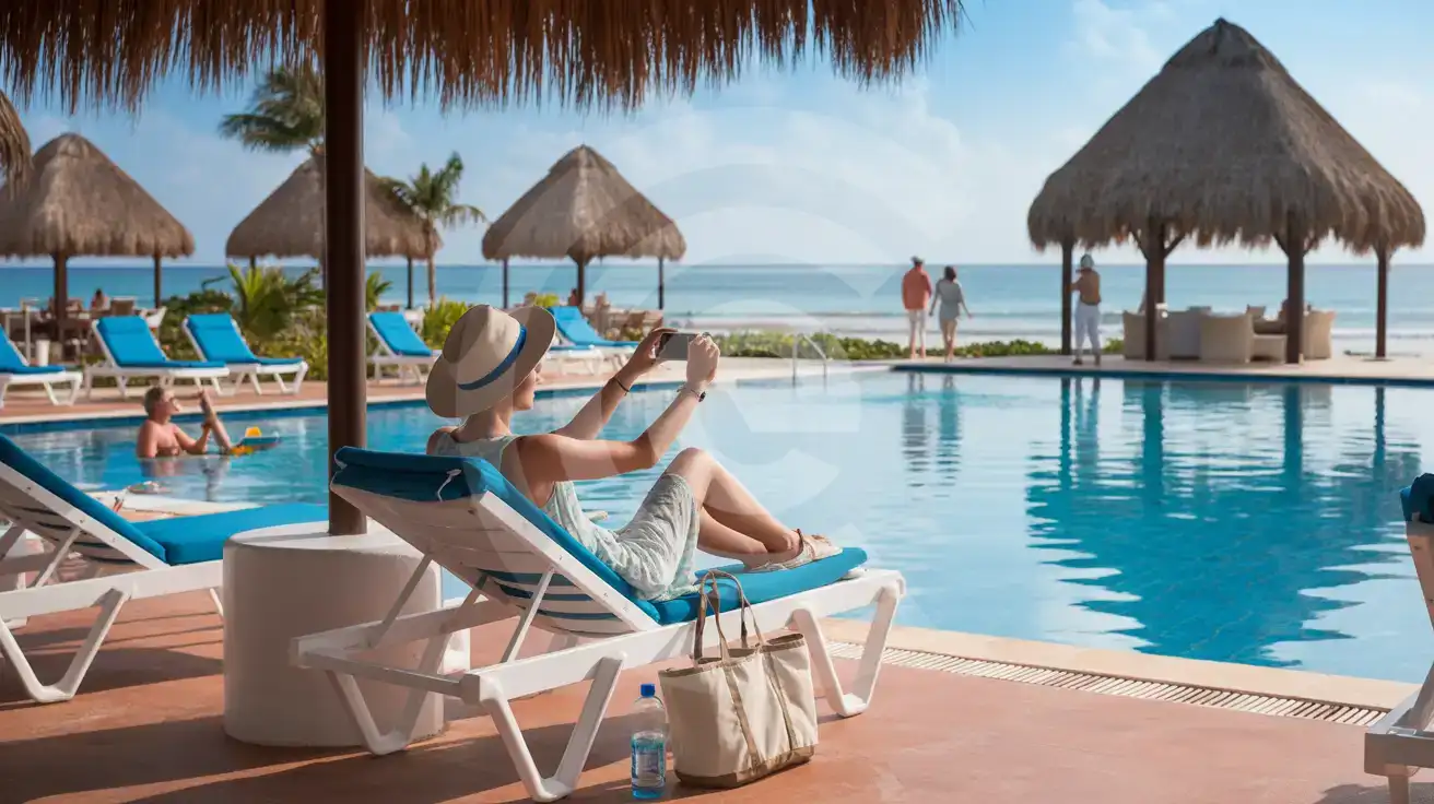 Solo female traveler photographing the Caribbean view from Dreams Tulum Resort infinity pool deck under a palapa shade structure
