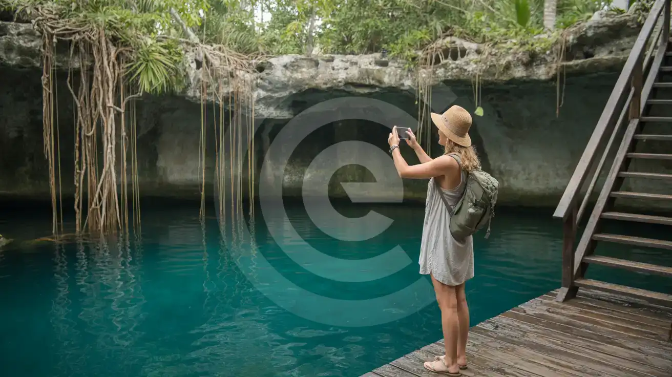 Solo female traveler photographing turquoise cenote waters surrounded by jungle vines near Tulum Mexico