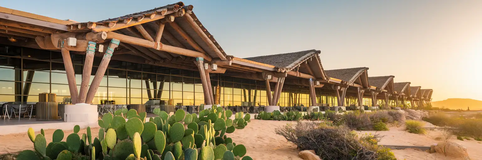 Los Cabos International Airport Terminal 2 exterior with palapa-style roofs and desert landscaping at golden hour