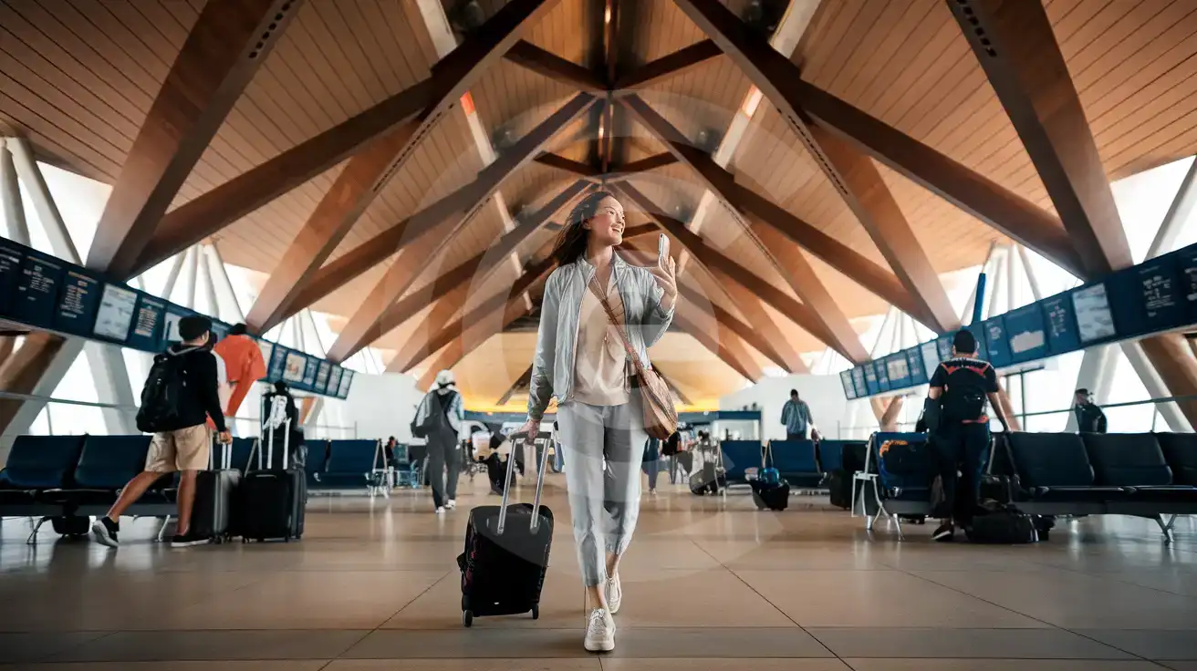 Solo female traveler walking through Los Cabos International Airport Terminal 2 concourse with distinctive timber beam ceiling