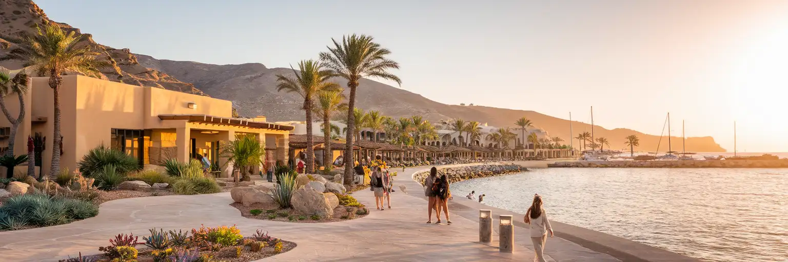 Exterior view of Cabo San Lucas Visitor Center near the waterfront in Cabo San Lucas at golden hour
