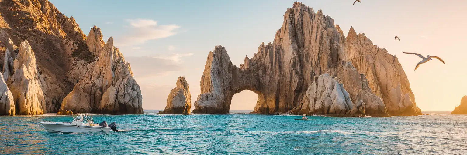 El Arco natural rock arch at Land's End in Cabo San Lucas with turquoise waters and traditional fishing boats at golden hour