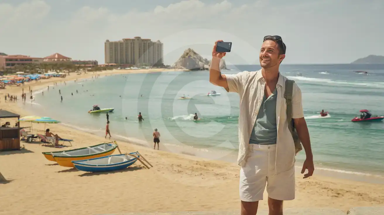 Solo male traveler photographing Médano Beach in Cabo San Lucas with resort towers and turquoise waters in the background