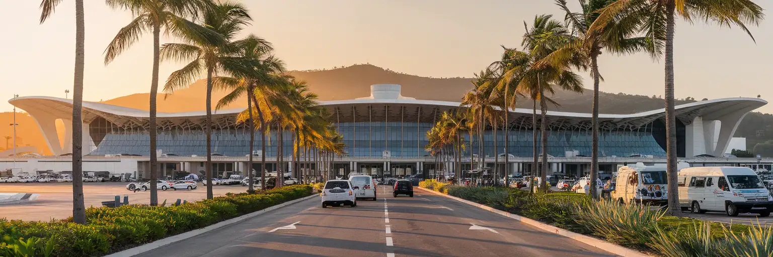 Terminal facade of Licenciado Gustavo Díaz Ordaz International Airport in Puerto Vallarta at golden hour with palm trees and Sierra Madre foothills